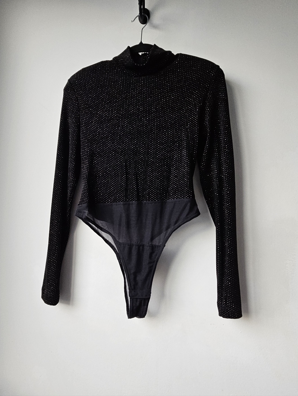 Cache Vintage Black With Silver Beaded Studs Gauzey Mock Turtleneck Bodysuit